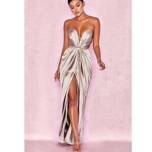 House Of CB 'Sigourney' Mink Satin Draped Front Maxi Dress NWOT